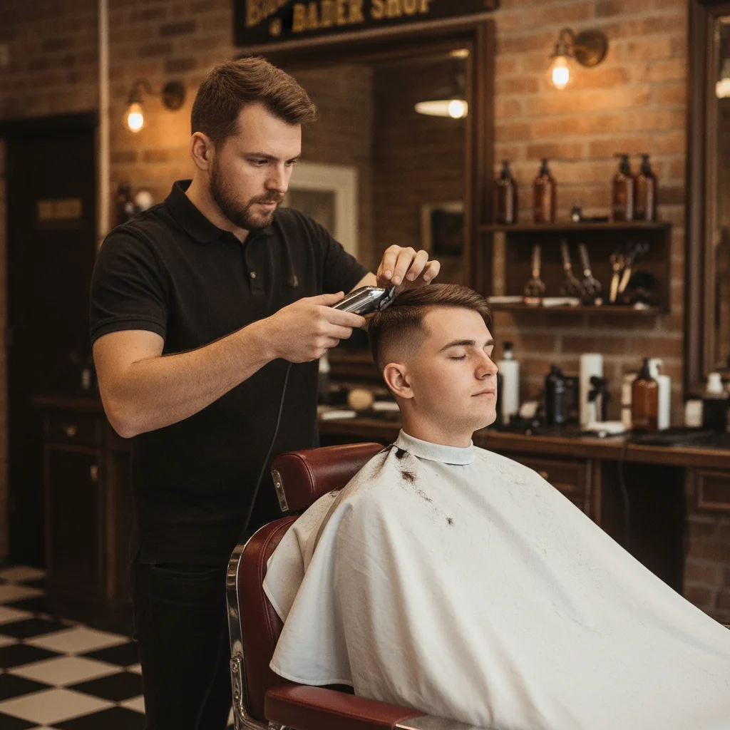 Close-up of a skilled barber performing a precision skin fade haircut