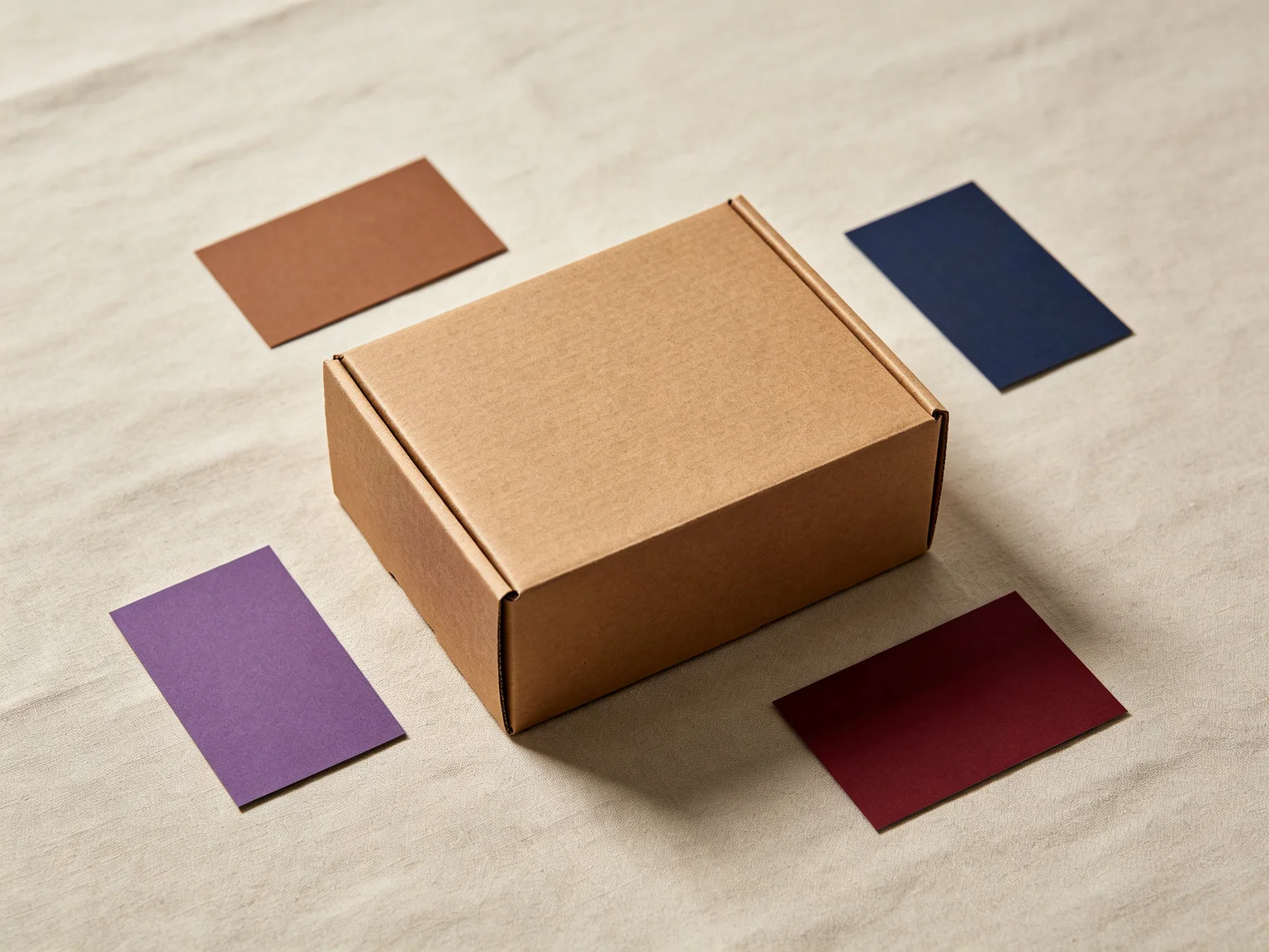 A sealed shipping box surrounded by four colored cards in UPS brown, FedEx purple, USPS blue, and DHL red on a linen surface representing DIM weight comparison across carriers