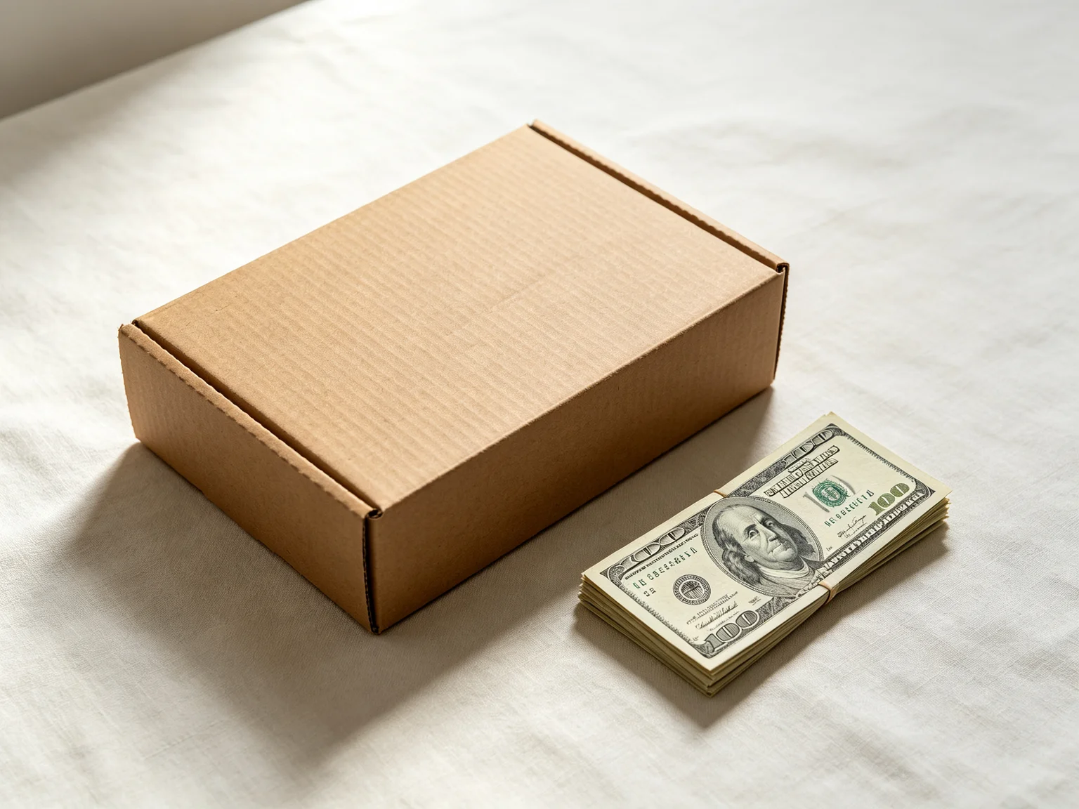 A sealed shipping box beside a stack of hundred dollar bills on a linen surface representing Amazon FBA fee costs per unit sold
