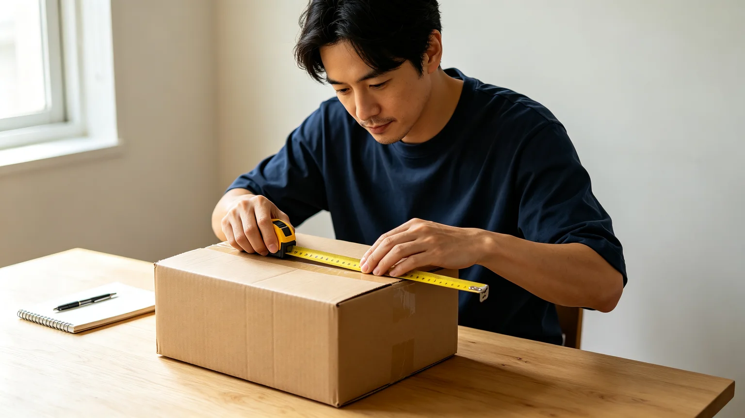 Seller measuring a cardboard shipping box with a tape measure to calculate dimensional weight