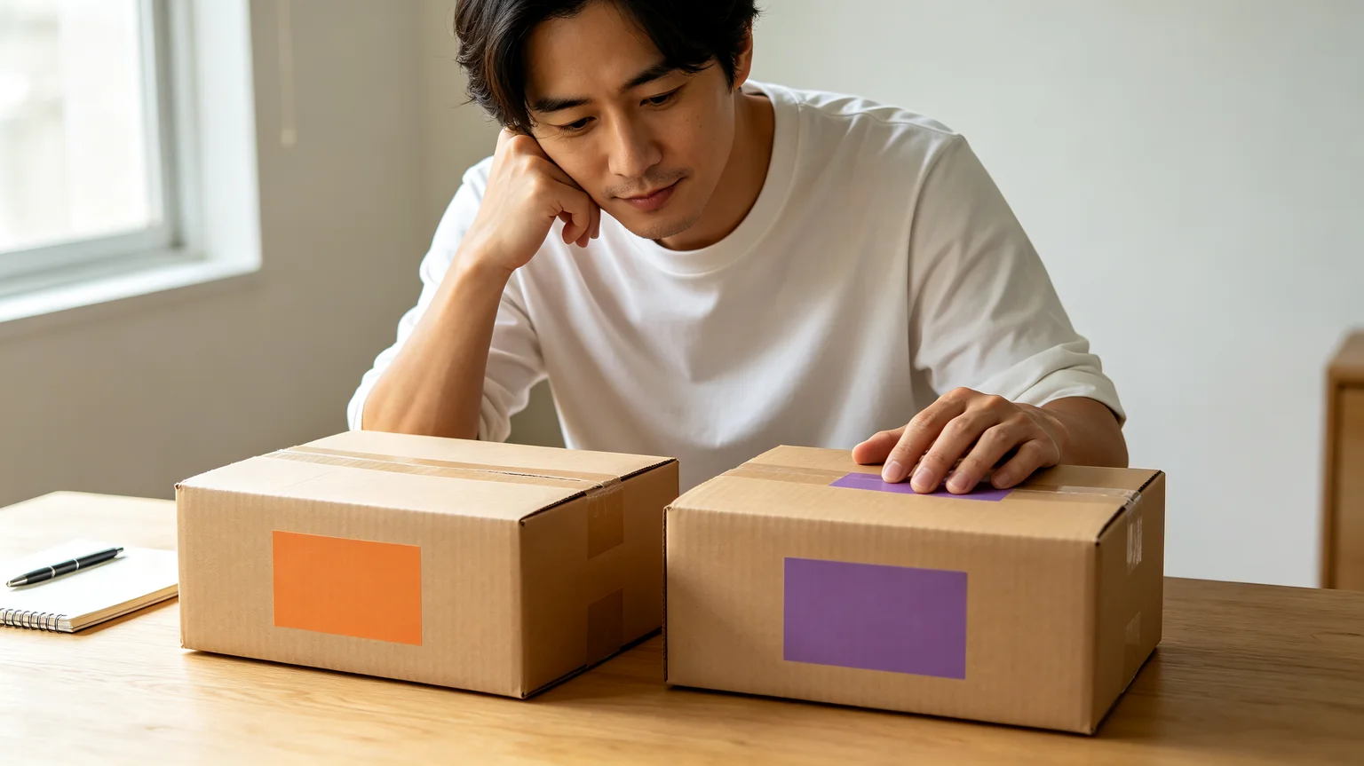 Seller comparing two shipping boxes with orange and purple labels deciding which carrier to use for dimensional weight shipping