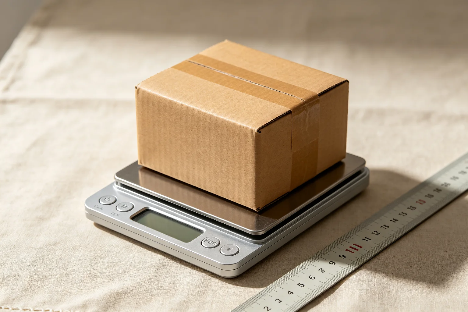 Small kraft cardboard box on a postal scale on natural linen surface representing USPS Cubic pricing based on volume rather than weight