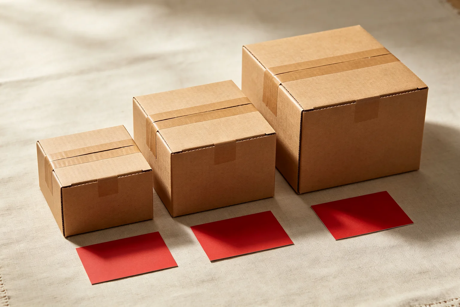 Three kraft cardboard boxes of different sizes on natural linen surface with red label cards representing USPS Flat Rate box options