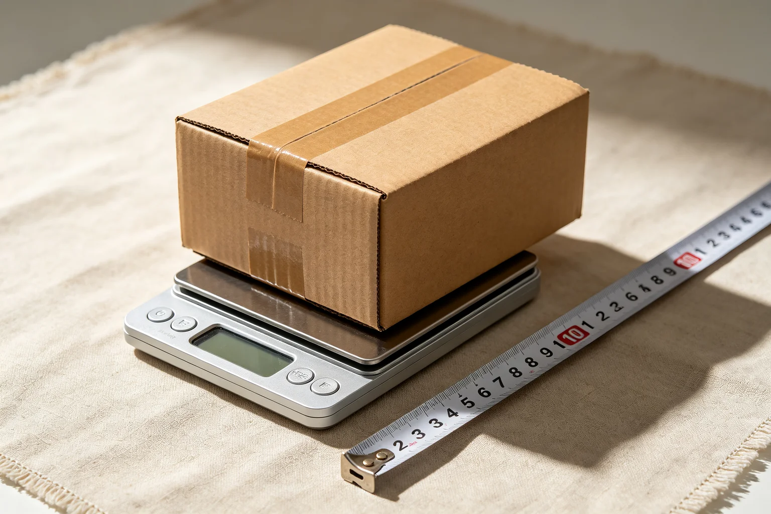 Kraft cardboard box on a postal scale beside a measuring tape on natural linen surface representing USPS Ground Advantage zone and weight-based pricing