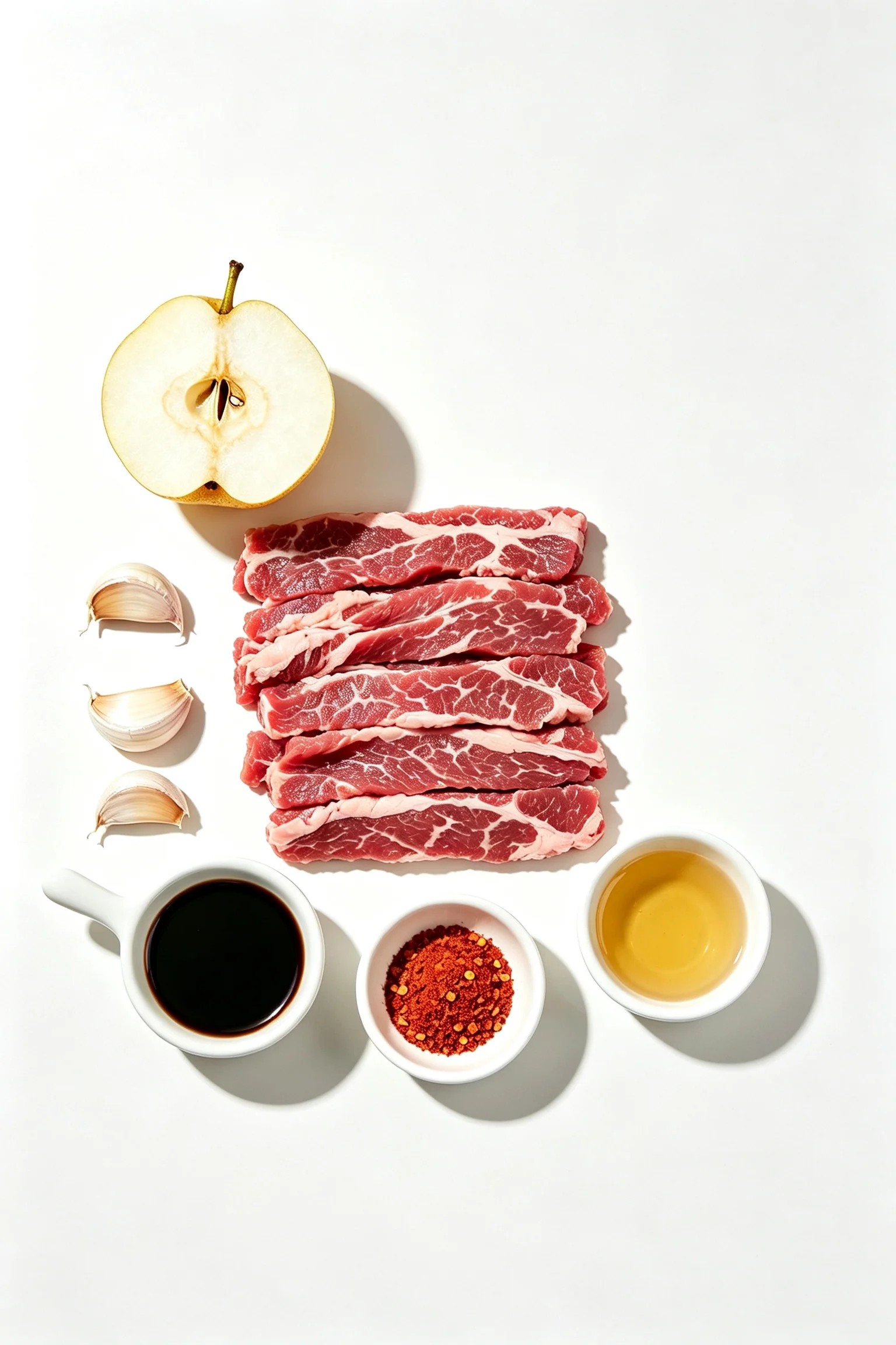 Bulgogi ingredients flat lay including thinly sliced raw ribeye, Asian pear, garlic, ginger, onion, spring onions, soy sauce, brown sugar, sesame oil and gochugaru on white surface
