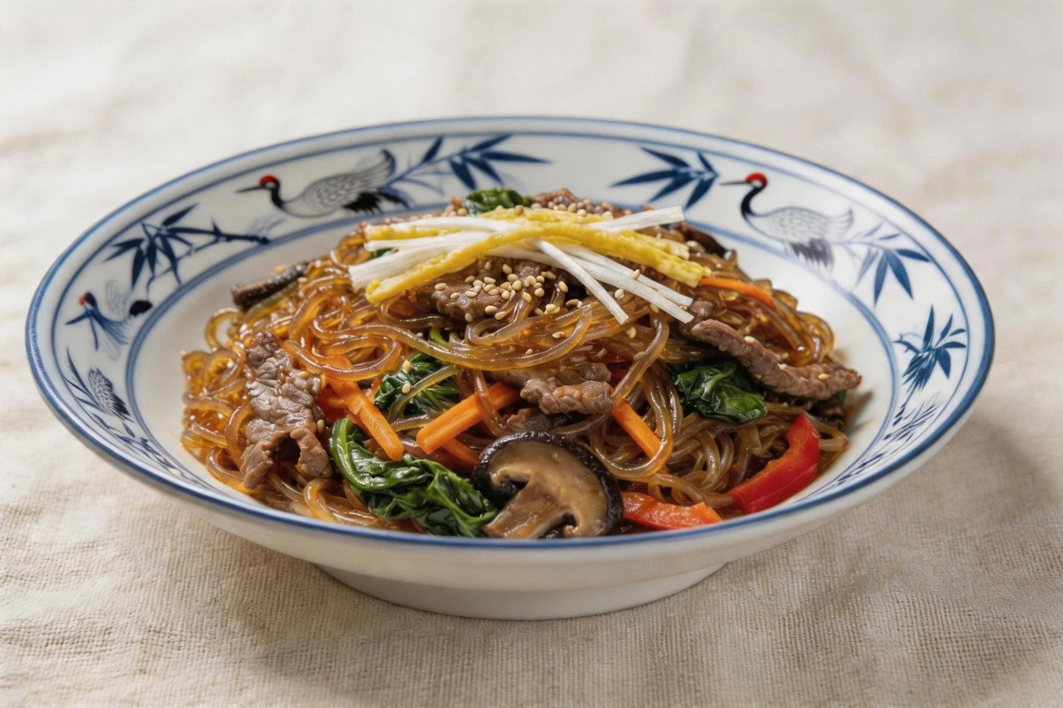 Japchae glass noodles combined with beef, spinach, carrot, bell pepper and shiitake mushrooms in a traditional blue and white crane pattern porcelain bowl with soy-sesame sauce and egg garnish