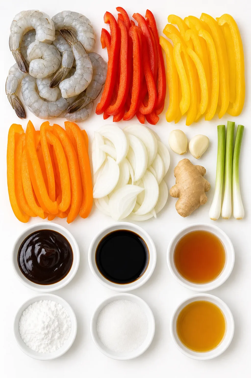 Shrimp and bell pepper stir fry ingredients flat lay including raw peeled shrimp, red yellow and orange bell peppers, onion, garlic, ginger, spring onions and sauce ingredients on white surface