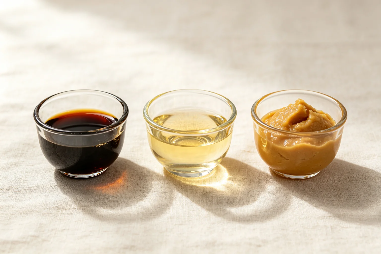 Three small vessels of ramen tare side by side showing dark  shoyu tare, pale golden shio tare and opaque miso tare on linen