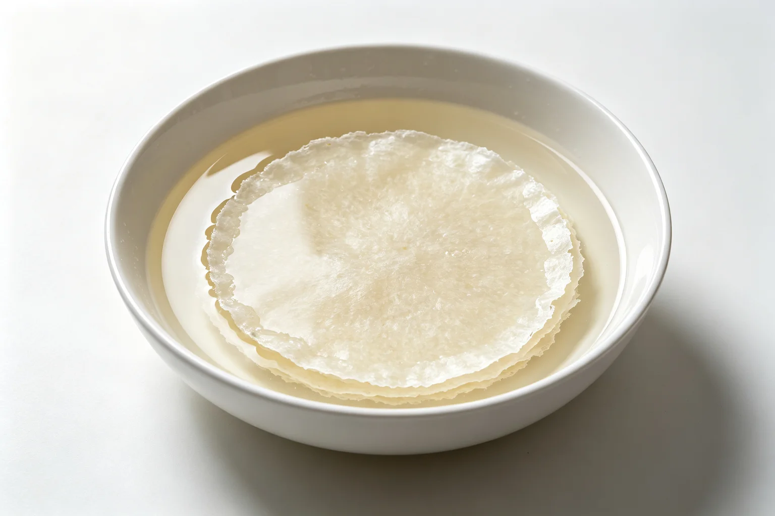 Single round bánh tráng rice paper sheet soaking in warm water in a wide shallow white bowl — the correct technique for hydrating rice paper for gỏi cuốn