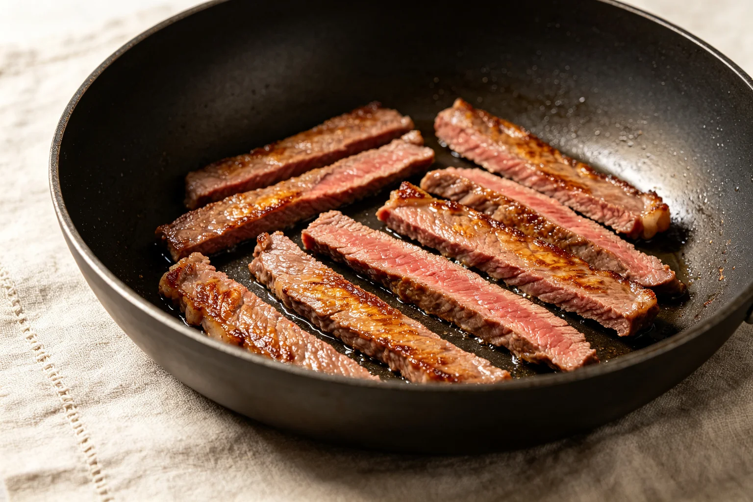 Thin flank steak slices developing golden Maillard sear in single layer in carbon steel wok on linen