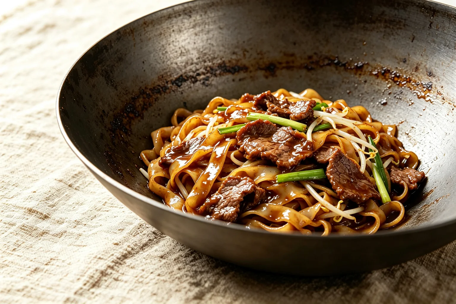  Finished beef chow fun in carbon steel wok showing dark soy-glazed ho fun noodles with beef, bean sprouts and spring onion on linen