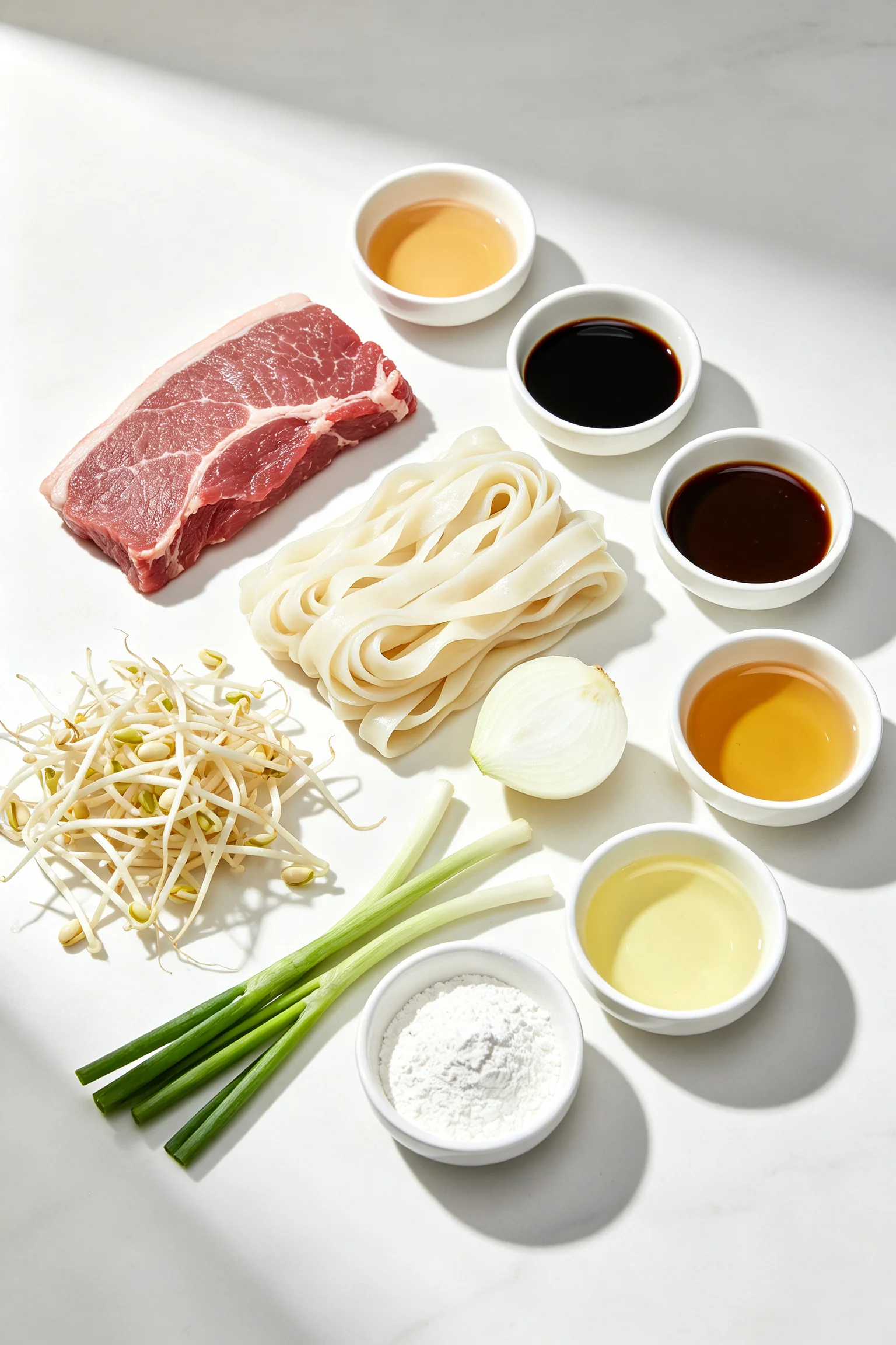 Flat lay of beef chow fun ingredients including flank steak, ho fun noodles, soy sauces, oyster sauce, bean sprouts and spring onions on white surface