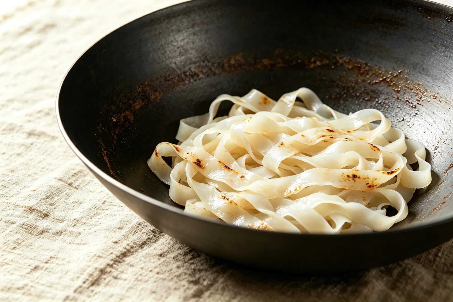 Wide ho fun rice noodles lying undisturbed in hot carbon steel wok developing light char marks on contact surface on linen