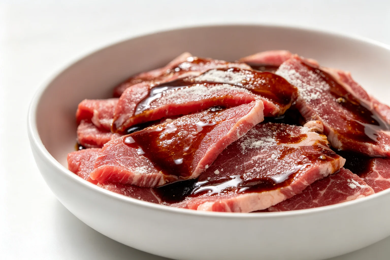  Raw flank steak slices coated in dark soy marinade and cornstarch in white bowl showing the velveting technique on white surface