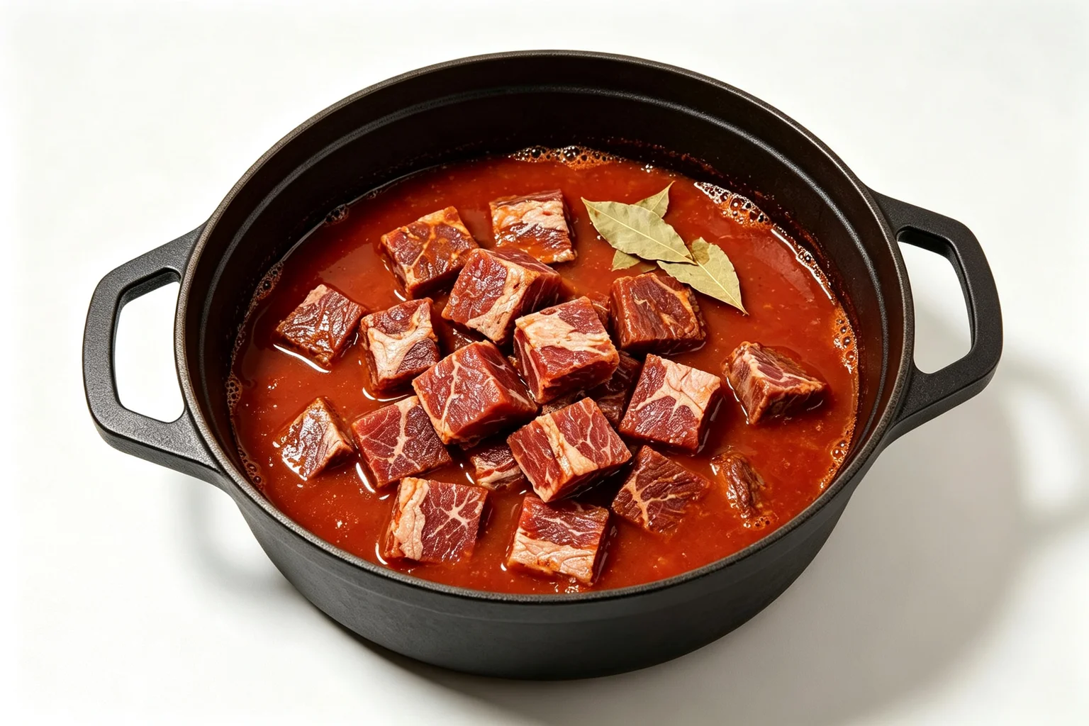 Beef chunks braising in deep red tomato sauce in a Dutch oven with bay leaves floating on the surface mid-cook