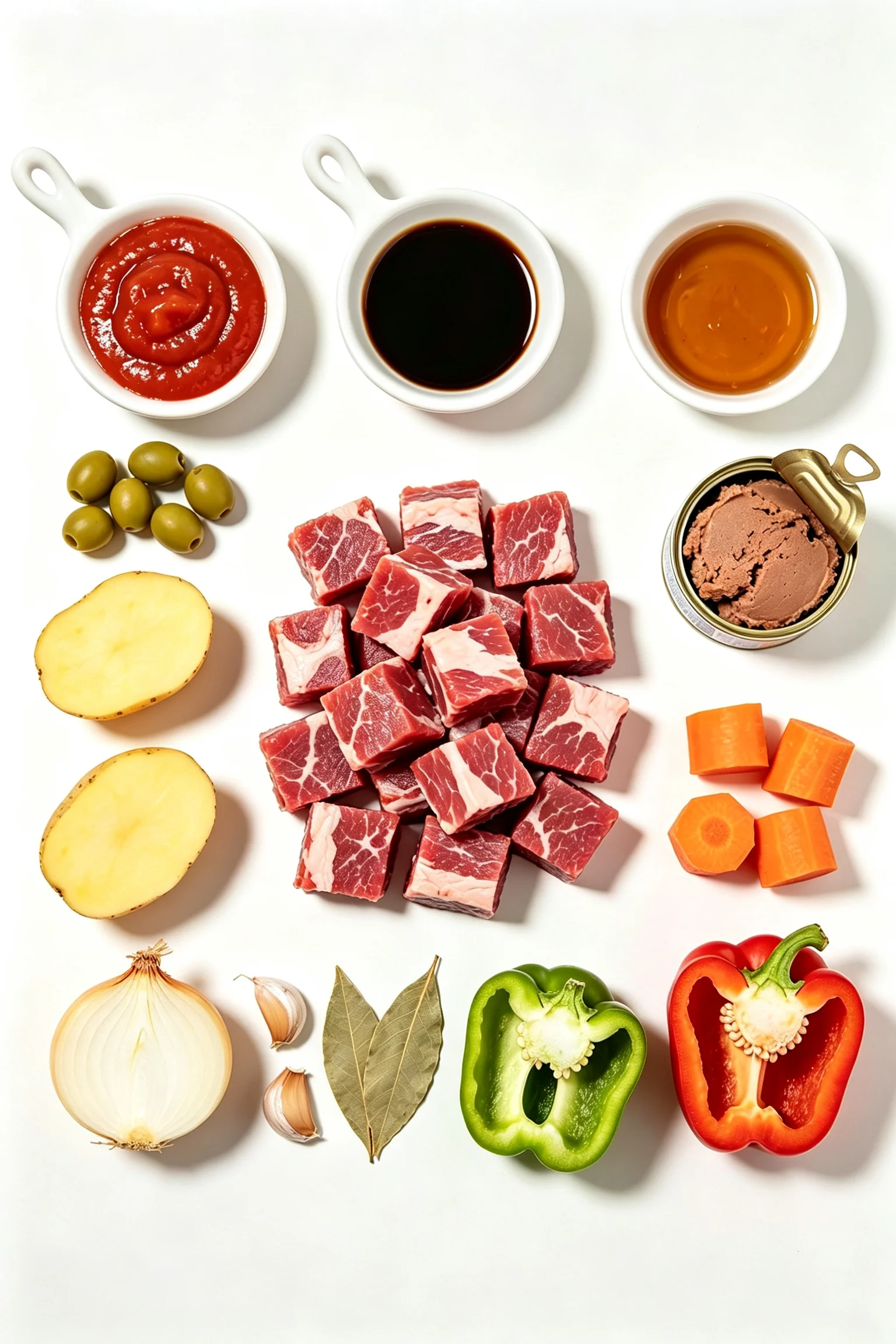 Overhead flat lay of beef kaldereta ingredients on white surface including raw beef chuck, tomato sauce, liver spread, green olives, potatoes, carrots, bell peppers, onion, garlic and bay leaves
