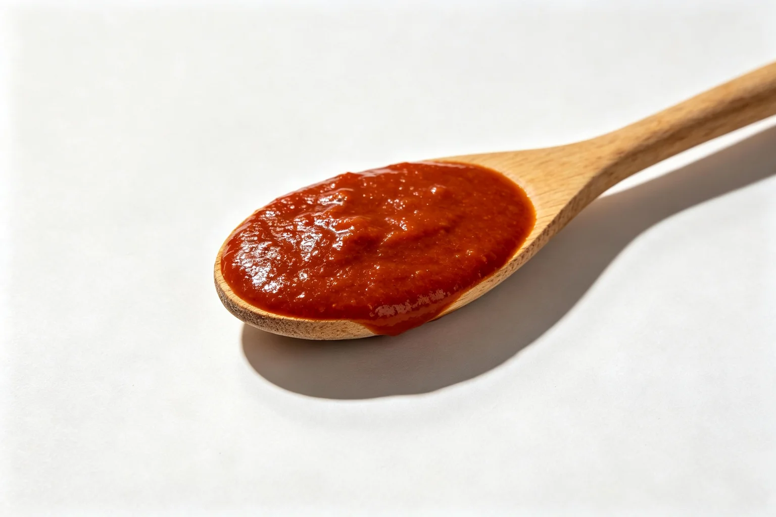 Wooden spoon with thick deep red-orange kaldereta sauce coating the back showing the rich glossy consistency of a properly reduced braised stew