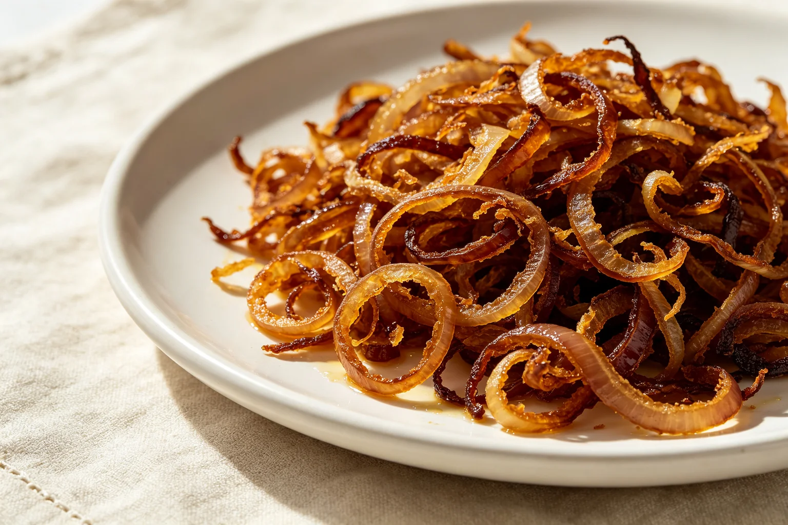  Deep golden-brown crispy beresta fried onion slices on a  white ceramic plate showing full caramelisation on linen