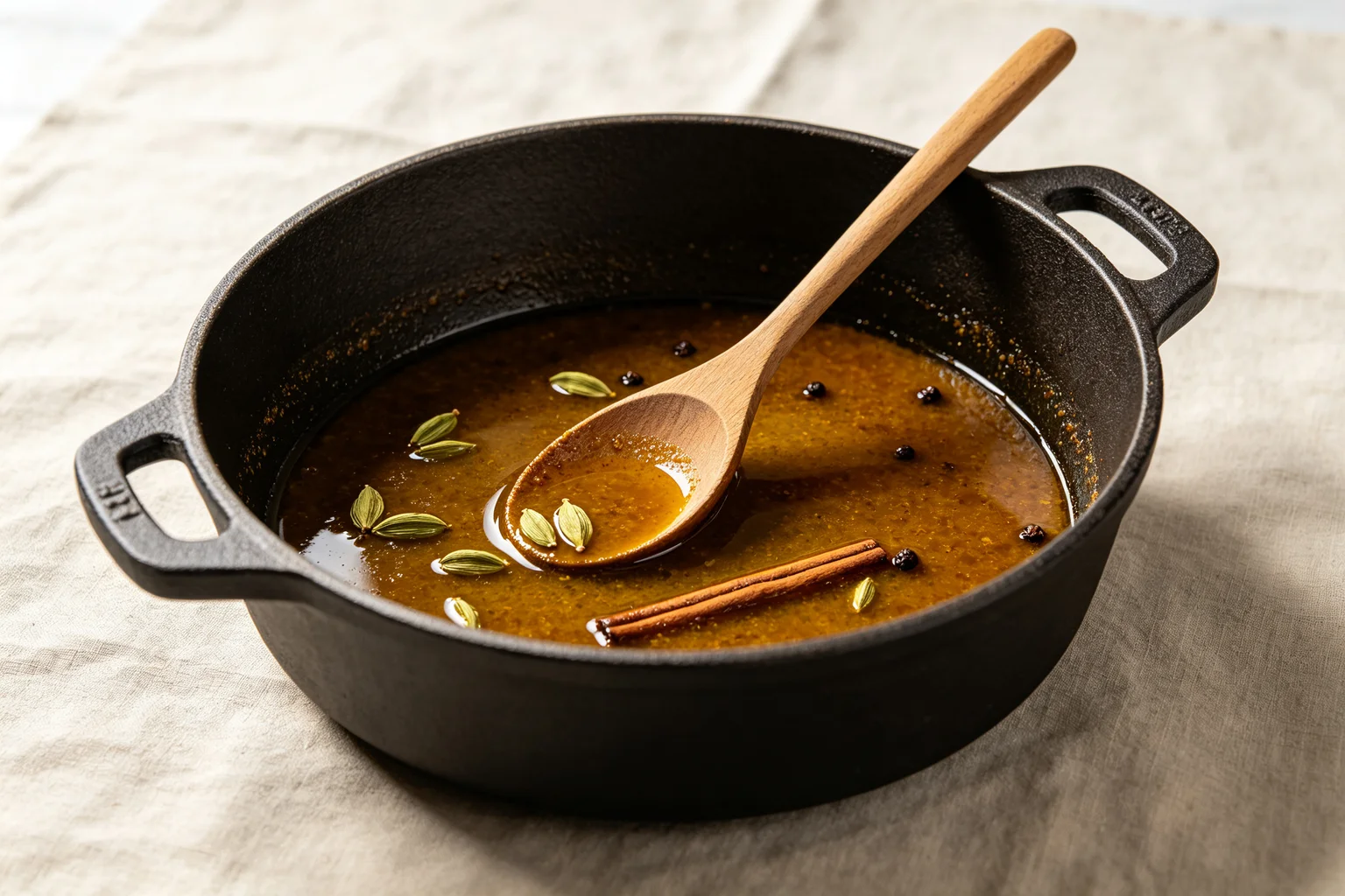  Deep golden-amber tehari gravy remaining in pot after beef removed showing spiced mustard oil with whole spices on linen