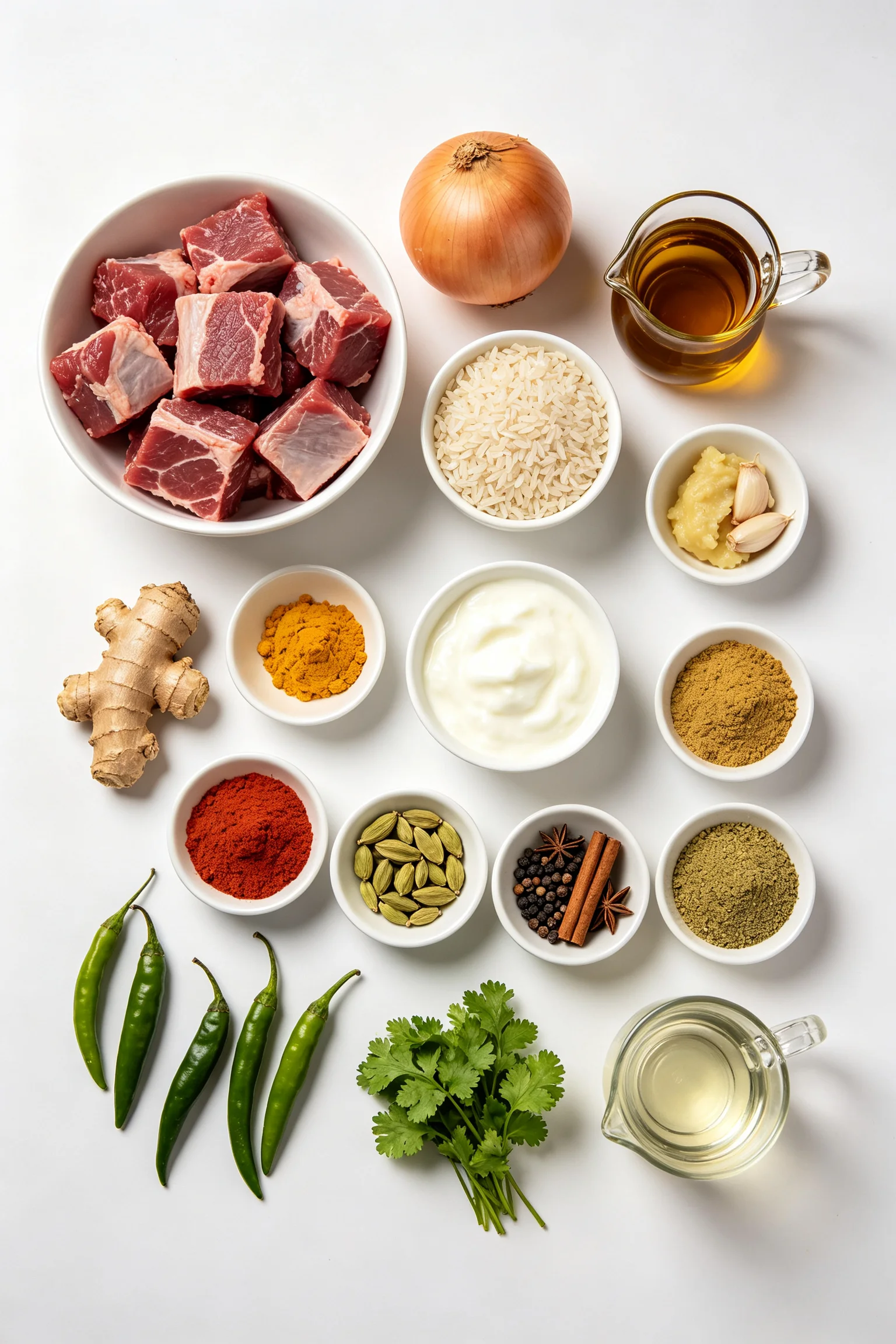  Beef tehari ingredients flat lay showing raw beef, kalijeera  rice, onion, mustard oil, ginger-garlic paste, yogurt, spices, whole  green chillies and coriander on white surface