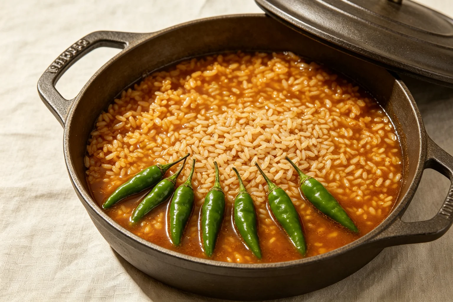 Kalijeera rice cooking in deep golden beef gravy in a heavy  pot with whole green chillies visible at the absorption stage on linen