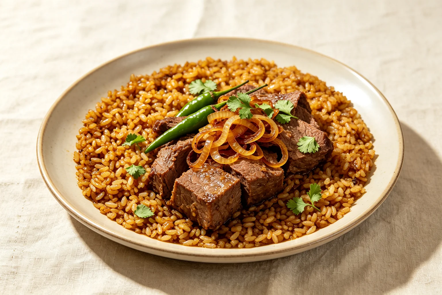 Plated beef tehari showing golden amber kalijeera rice with  tender beef, crispy beresta, whole green chilli and coriander on linen