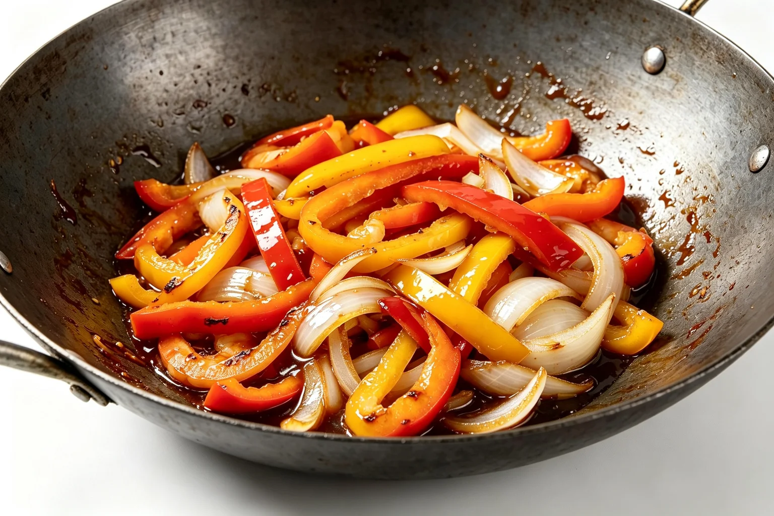 Red yellow and orange bell pepper strips and onion slices stir frying in a carbon steel wok at high heat