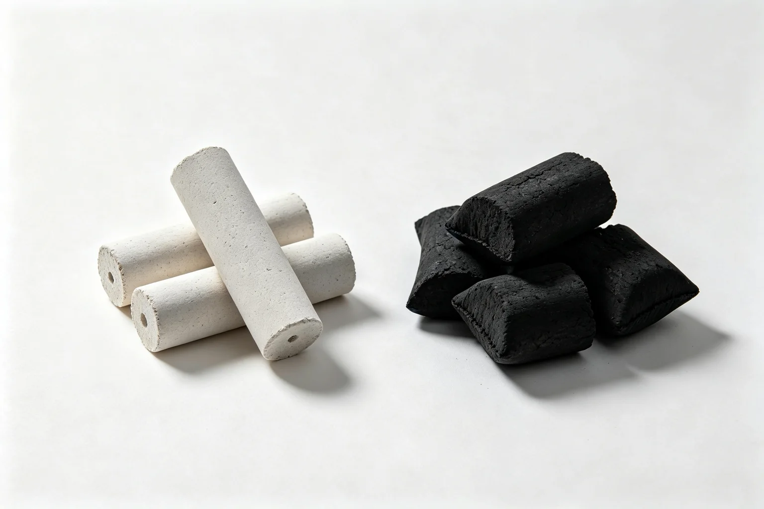 Side by side comparison of pale grey-white binchotan charcoal sticks and dark black regular charcoal briquettes on white surface