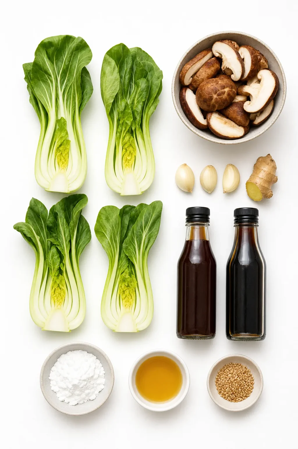 Bok choy mushroom stir fry ingredients laid flat — baby bok choy, shiitake mushrooms, garlic, ginger, oyster sauce, soy sauce, cornstarch and sesame oil on white surface
