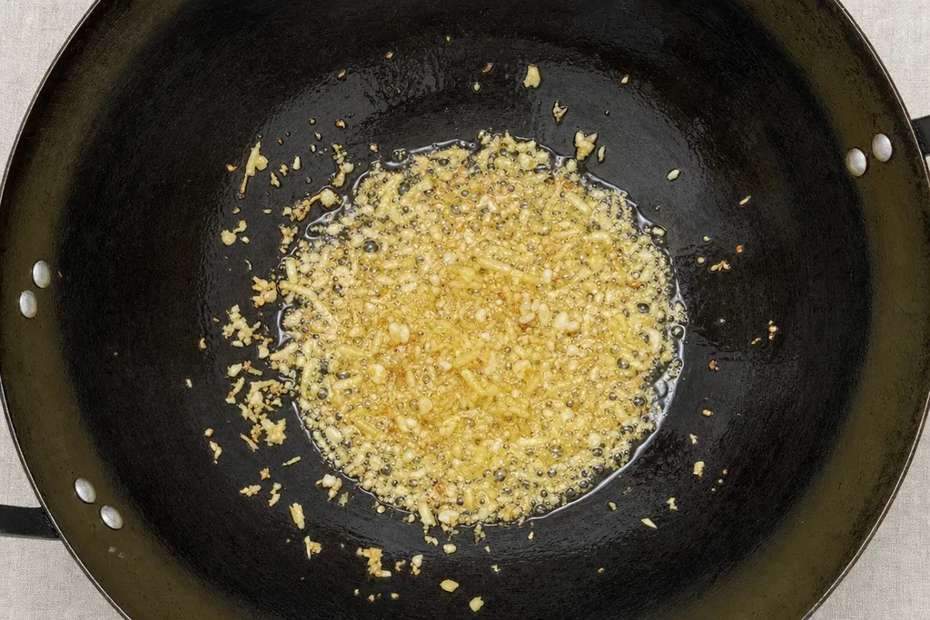 Minced garlic and ginger blooming in hot oil in a dark carbon steel wok on linen surface