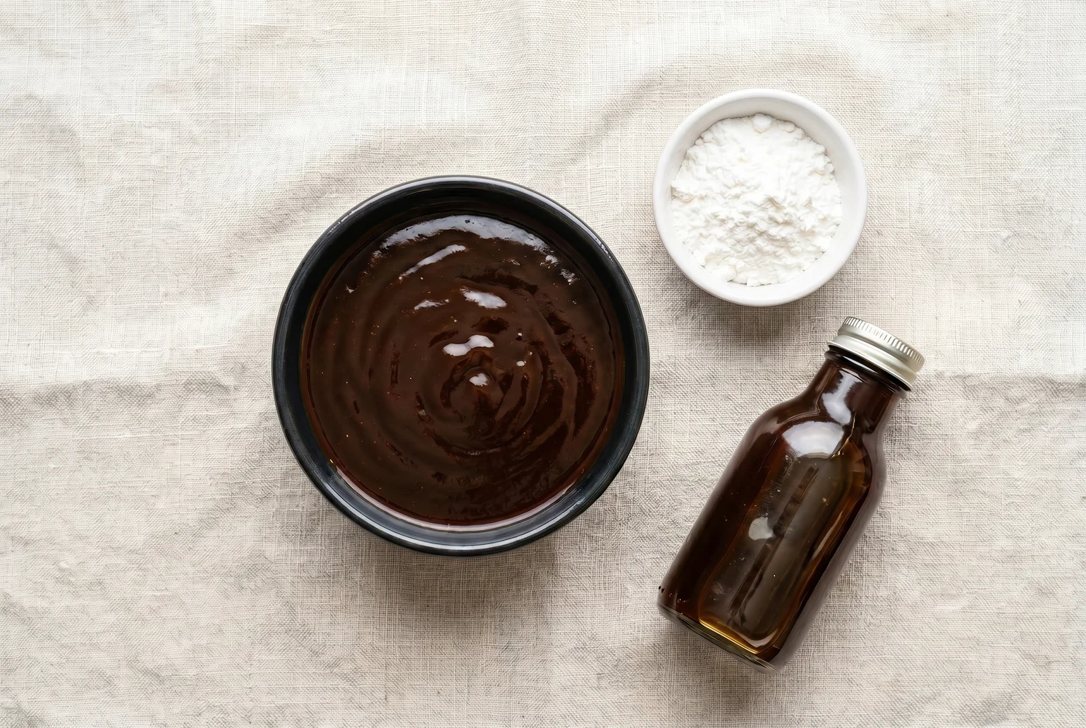 Pre-mixed stir fry sauce in a small ceramic bowl showing glossy dark oyster sauce blend with cornstarch dish and sauce bottle on linen surface