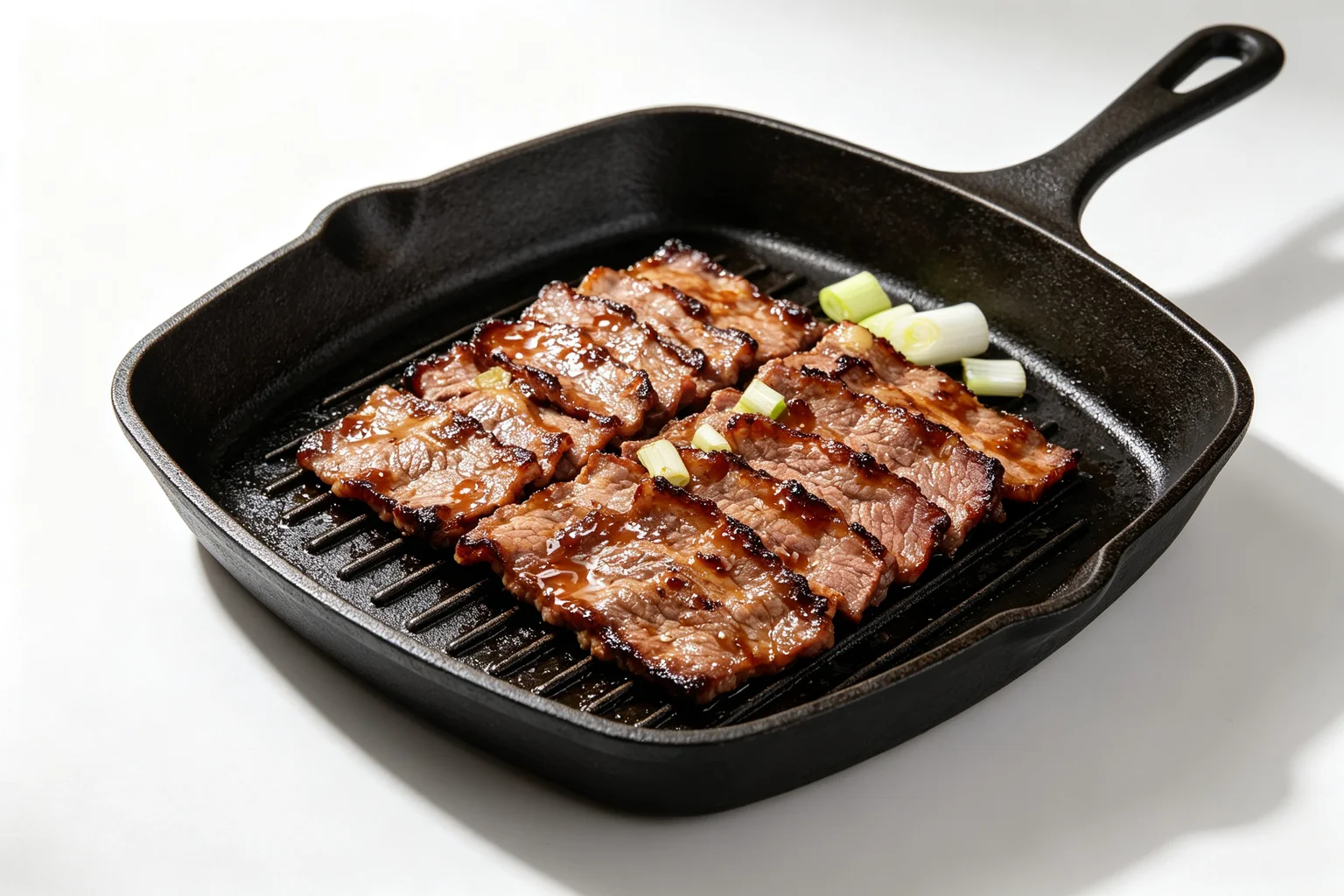 Thinly sliced bulgogi beef caramelising in a single layer on a cast iron grill pan — dark mahogany edges and glossy soy-sugar glaze with grill marks