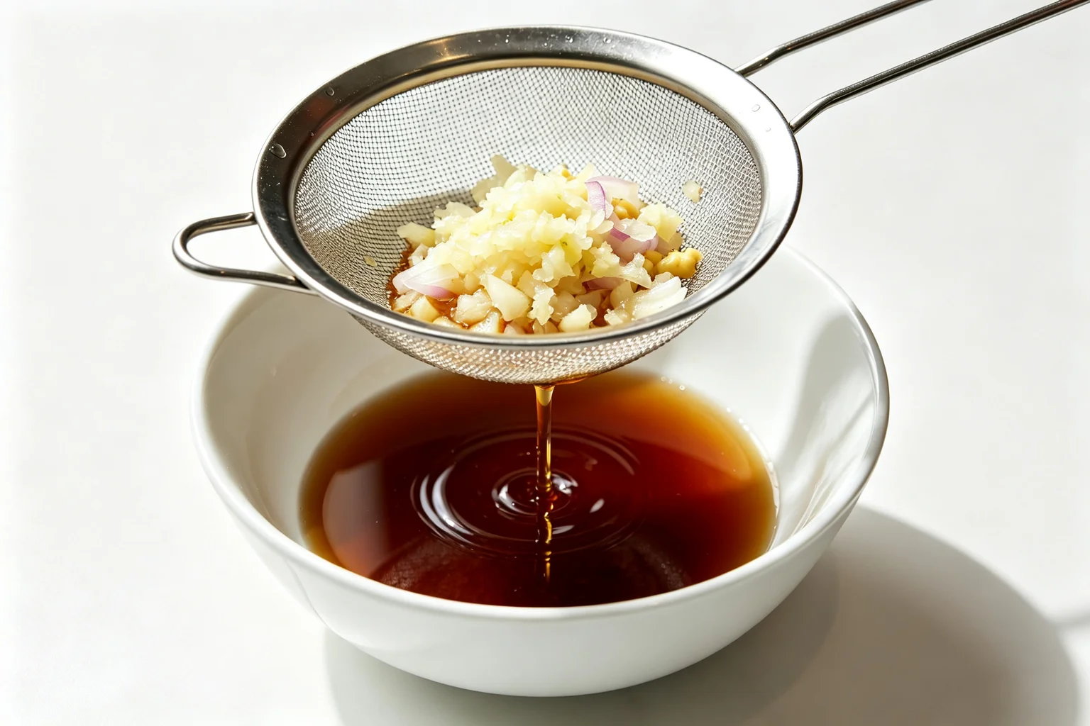 Bulgogi marinade being strained through a fine mesh sieve — dark amber liquid draining into a bowl below while pear and onion pulp remains in the sieve