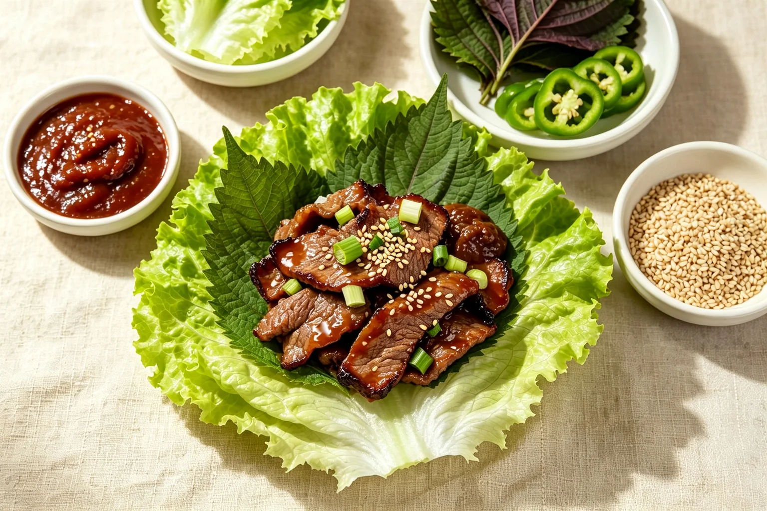  Korean bulgogi ssam wrap — caramelised beef in a butter lettuce leaf with ssamjang paste, perilla leaf and sliced green chilli