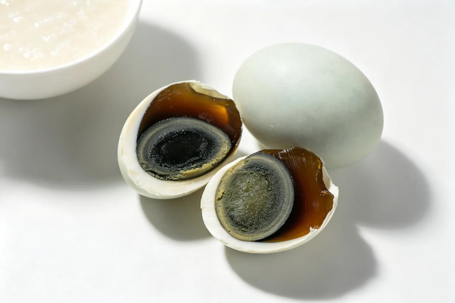 Century eggs on white surface one whole and two halves showing dark translucent egg white and dark green-grey yolk cross-section with congee bowl in background