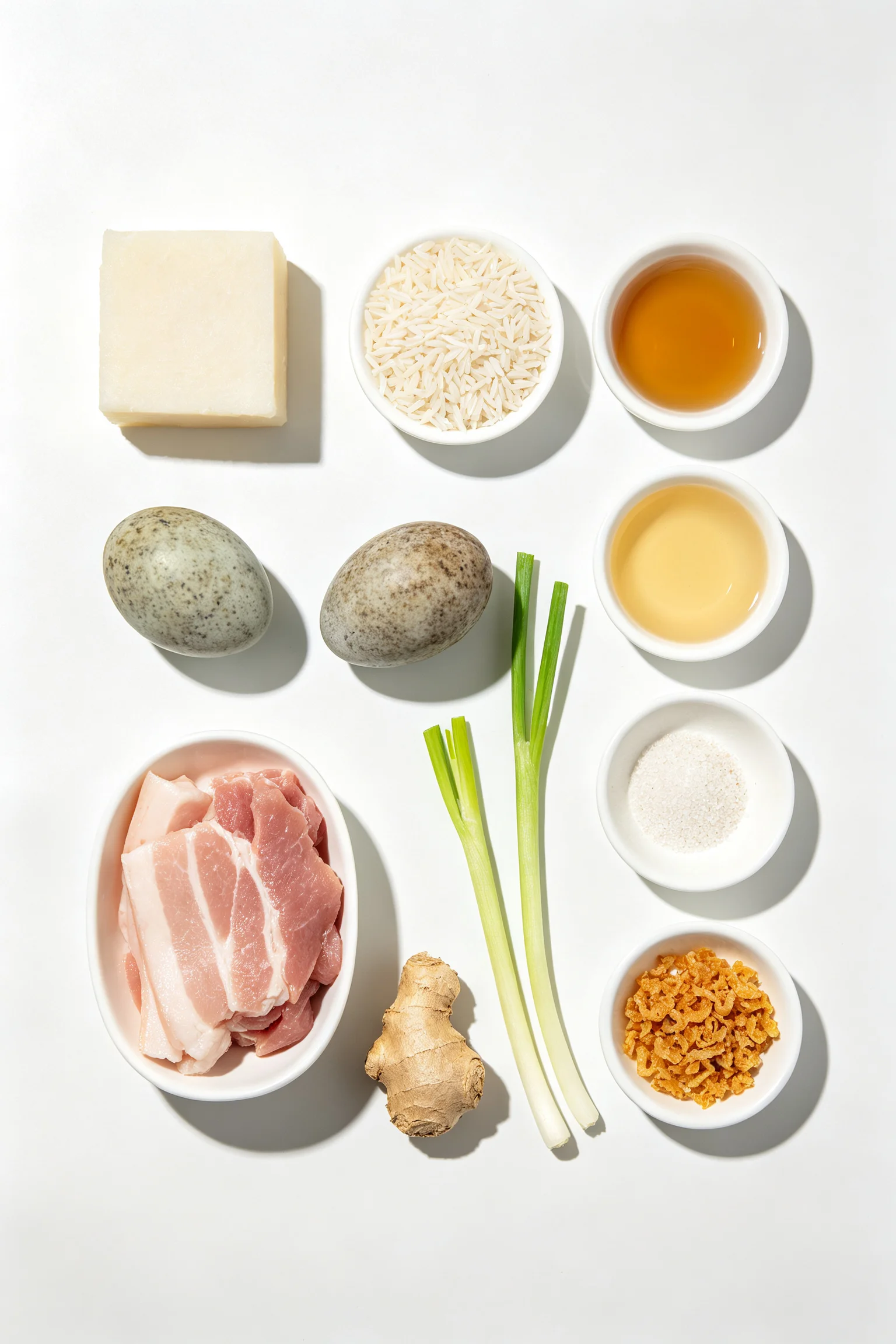Overhead flat lay of Cantonese congee ingredients on white surface including jasmine rice, century eggs, lean pork slices, soy sauce, sesame oil, ginger, spring onions and fried shallots