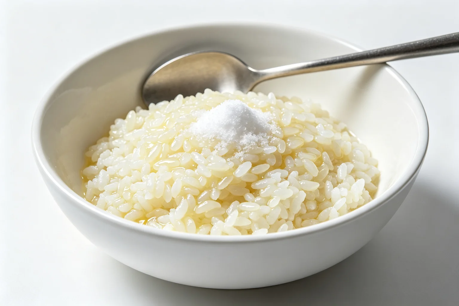Jasmine rice coated in neutral oil with a mound of salt on top and a spoon resting in the bowl on white surface Placement