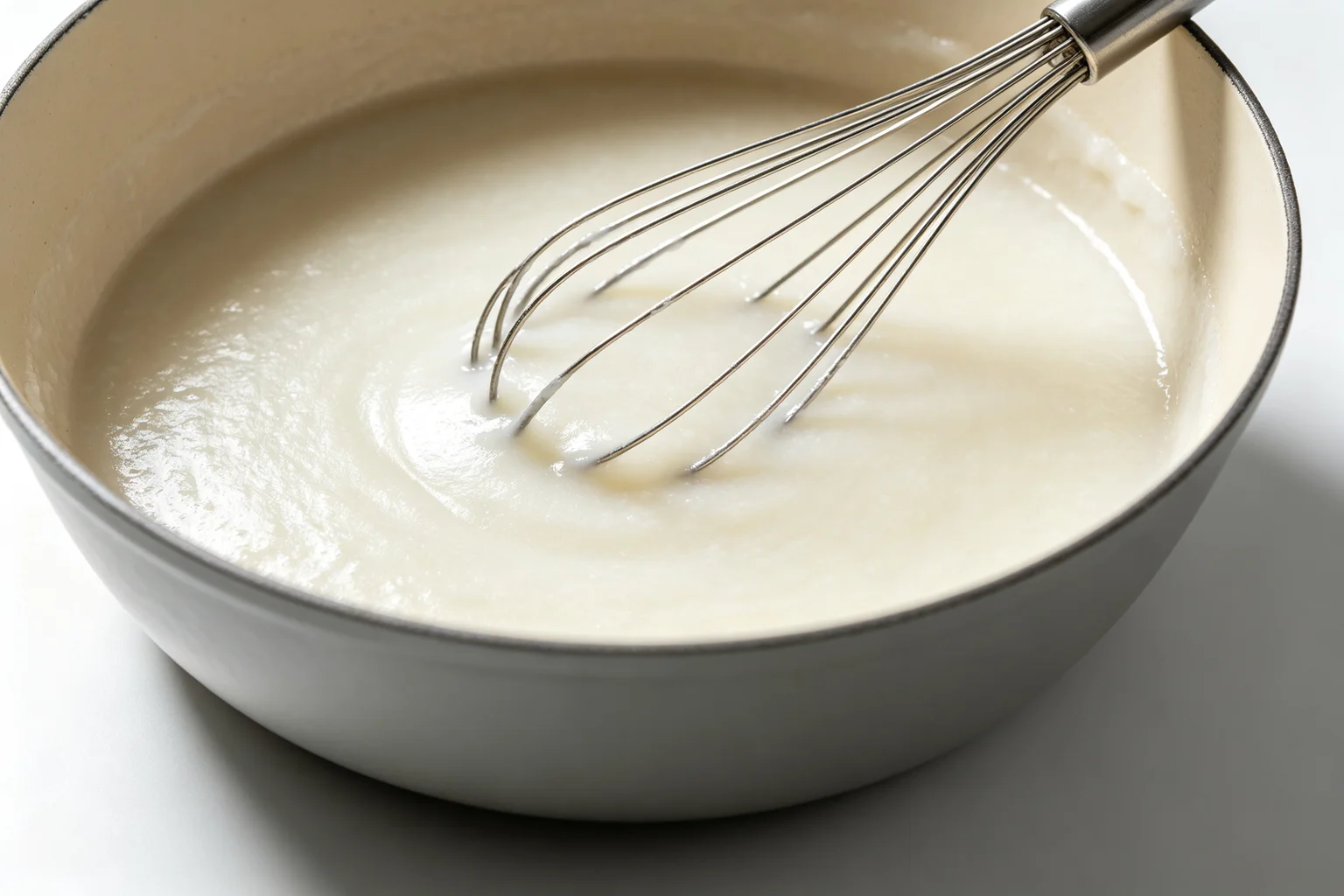 Smooth silky ivory congee in a heavy-based pot with a wire whisk resting inside after whisking on white surface Placement