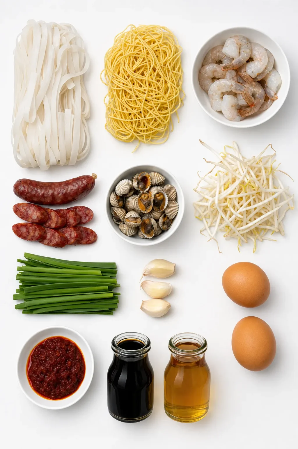  Char Kway Teow ingredients laid flat — flat rice noodles, yellow noodles, prawns, lap cheong, cockles, bean sprouts, chives, garlic, eggs and sauces on white surface