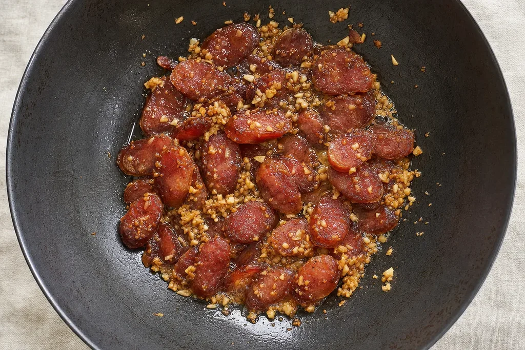 Sliced lap cheong Chinese sausage and minced garlic caramelising in hot lard in a dark carbon steel wok on linen surface