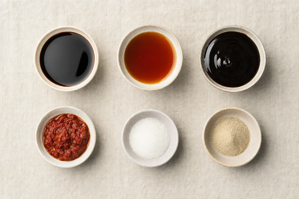 Char Kway Teow sauce components in individual ceramic bowls — dark soy, light soy, kecap manis, sambal, sugar and white pepper on linen surface