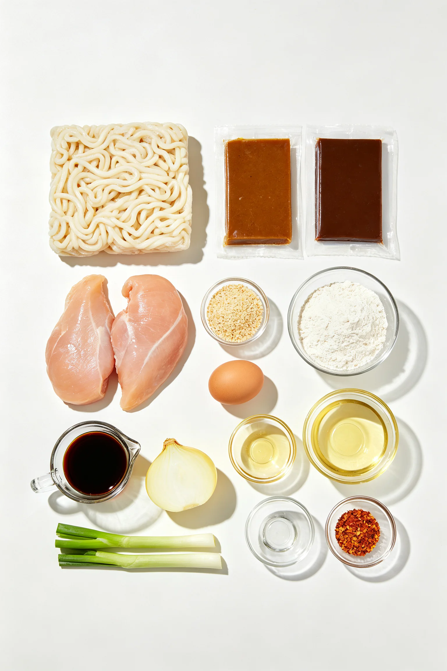 Chicken katsu curry udon ingredients flat lay showing raw chicken breast, frozen udon, Japanese curry roux blocks, panko, egg, flour, dashi, onion, soy sauce, mirin and spring onions on a white surface