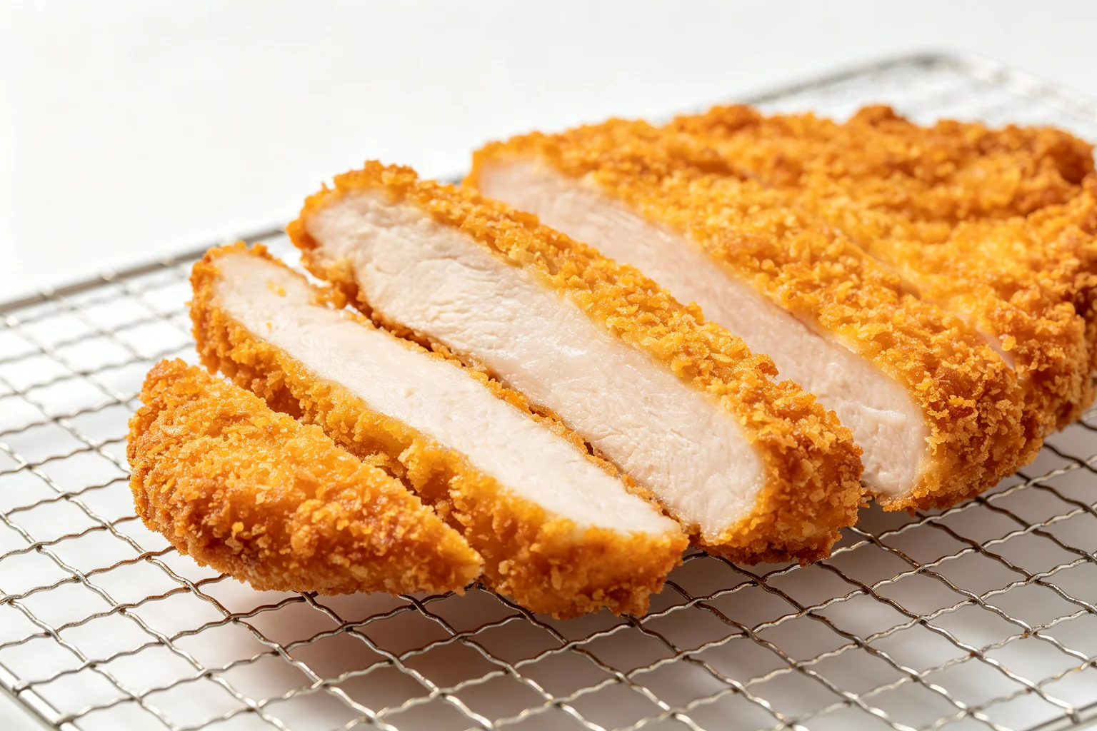Sliced chicken katsu on a wire rack showing deep golden irregular panko crust exterior and juicy white chicken interior in cross-section on linen surface