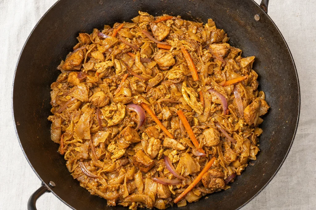 Finished Sri Lankan chicken kottu roti in a wok showing shredded roti coated in curry gravy with chicken, egg and vegetables
