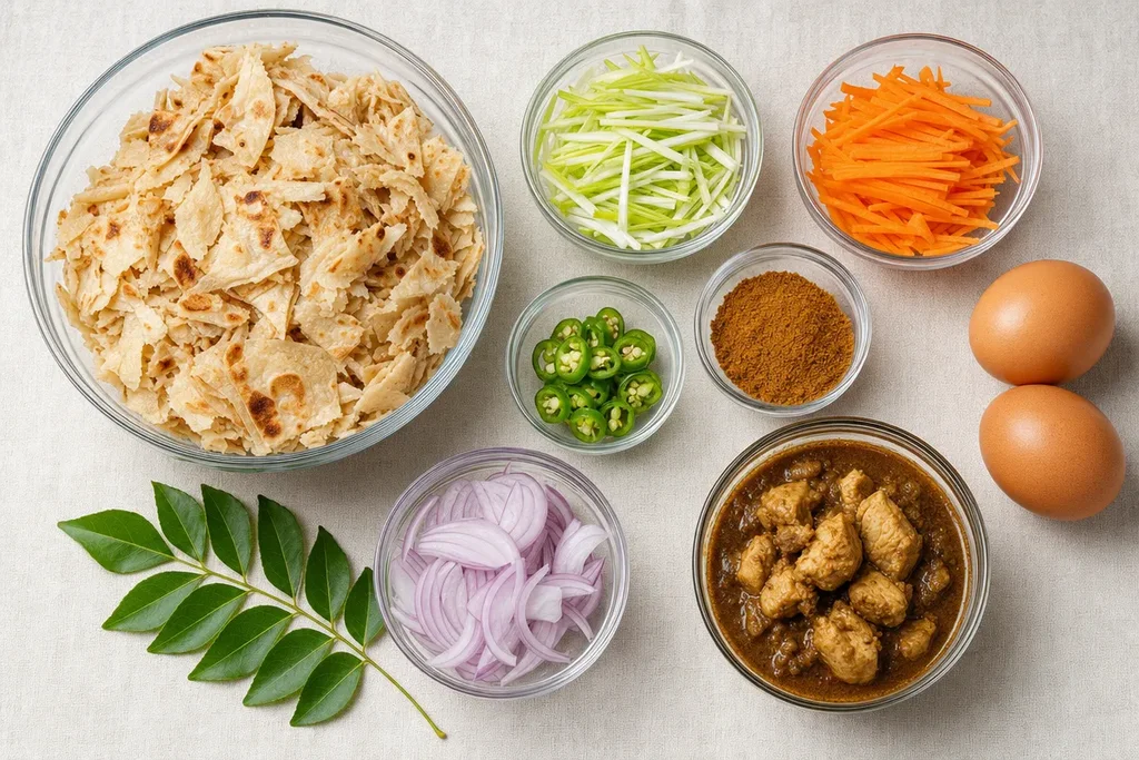 Prepped Sri Lankan chicken kottu roti ingredients — shredded roti, vegetables, eggs, curry powder and chicken curry ready to cook