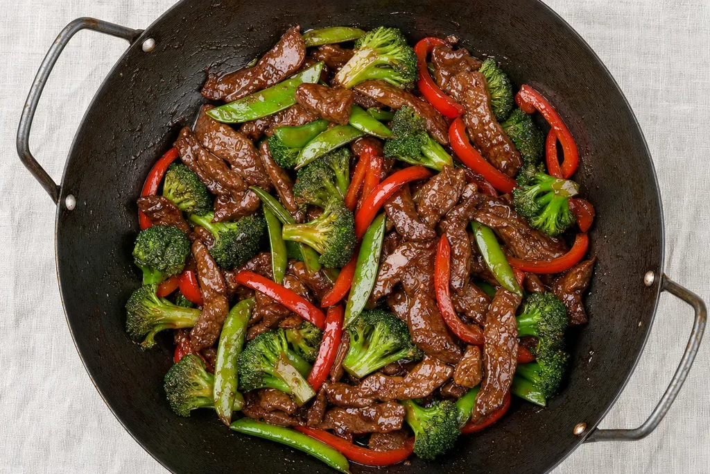  Finished Chinese beef stir fry in a carbon steel wok — beef strips, broccoli, bell pepper and snap peas coated in glossy oyster sauce glaze on linen surface