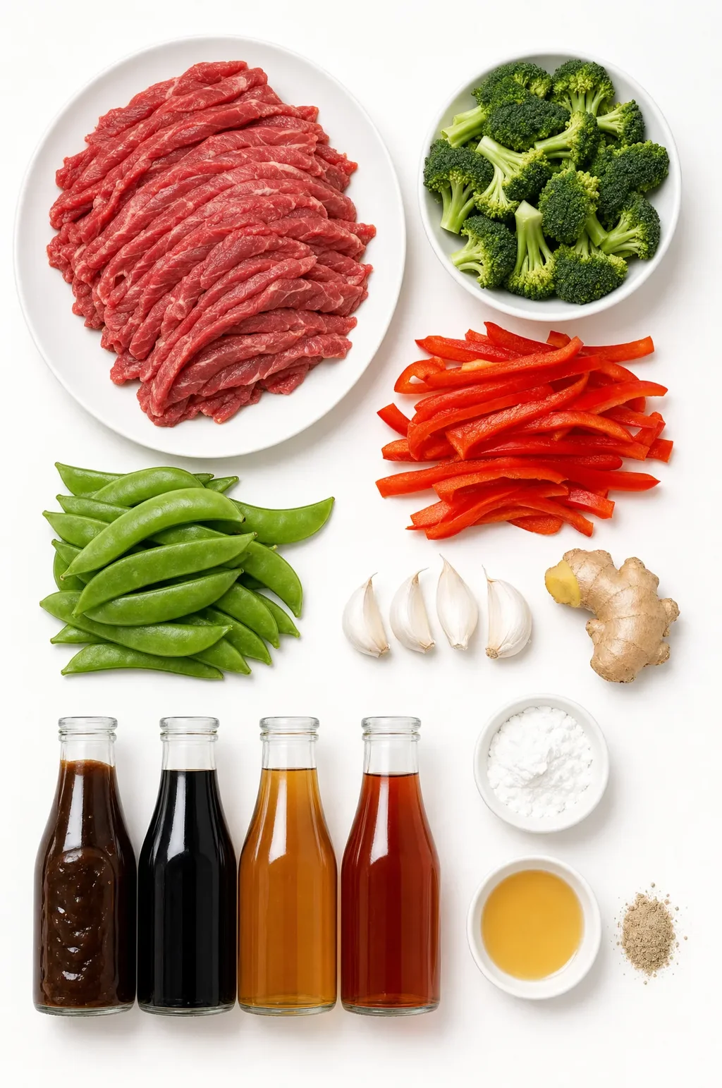 Chinese beef stir fry ingredients laid flat — flank steak, broccoli, bell pepper, snap peas, garlic, ginger, oyster sauce, soy sauces, Shaoxing wine and cornstarch on white surface