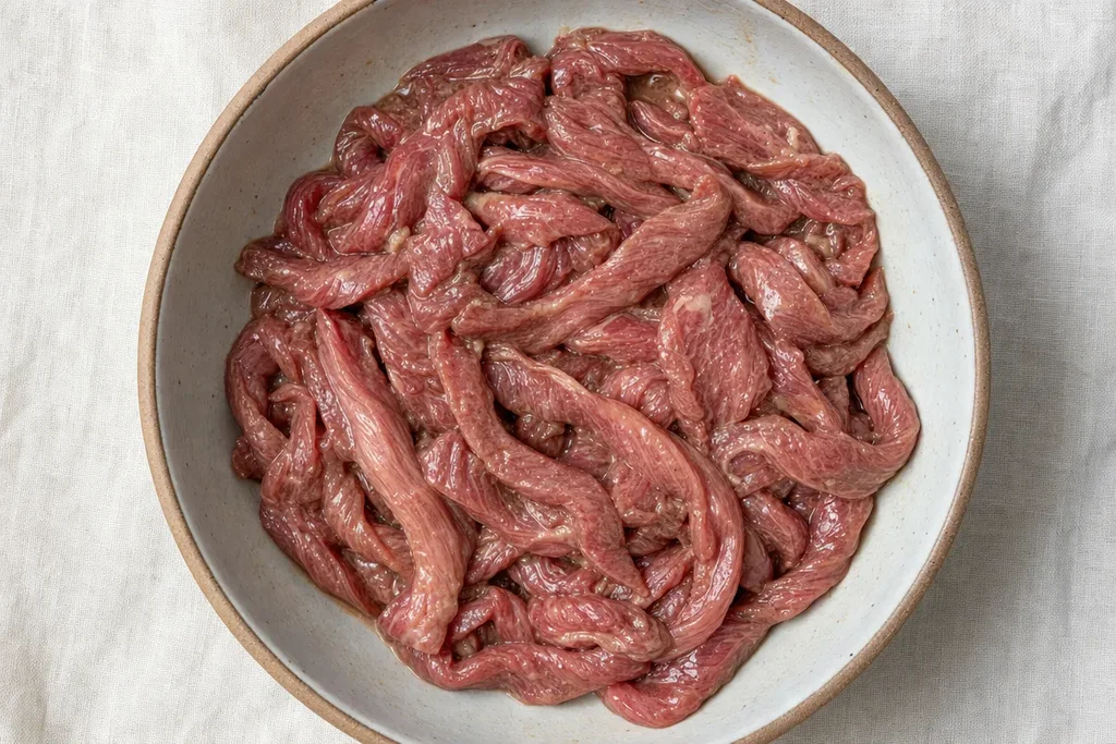 Raw flank steak strips coated in velveting marinade — cornstarch, soy sauce and Shaoxing wine in a ceramic bowl on linen surface