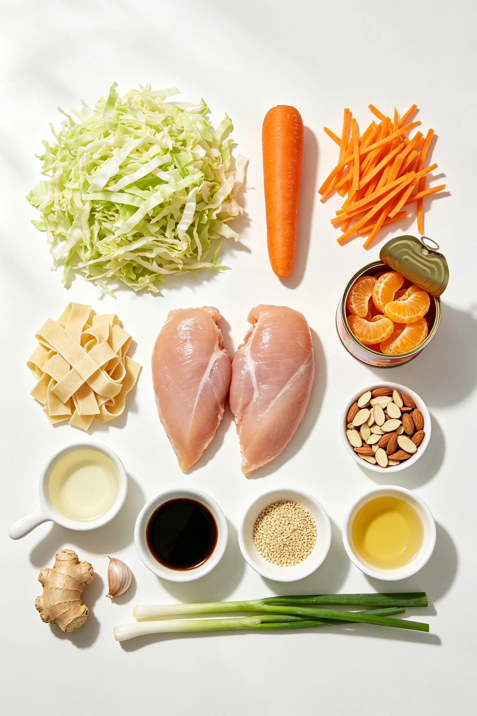 Overhead flat lay of Chinese chicken salad ingredients on white surface including napa cabbage, raw chicken breasts, wonton wrappers, carrot, mandarin oranges, almonds, rice vinegar, soy sauce, sesame oil, ginger and spring onion