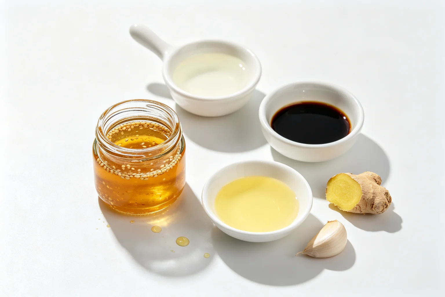 Sesame ginger dressing in a glass jar with rice vinegar, soy sauce, sesame oil, fresh ginger and garlic on a white surface for Chinese chicken salad